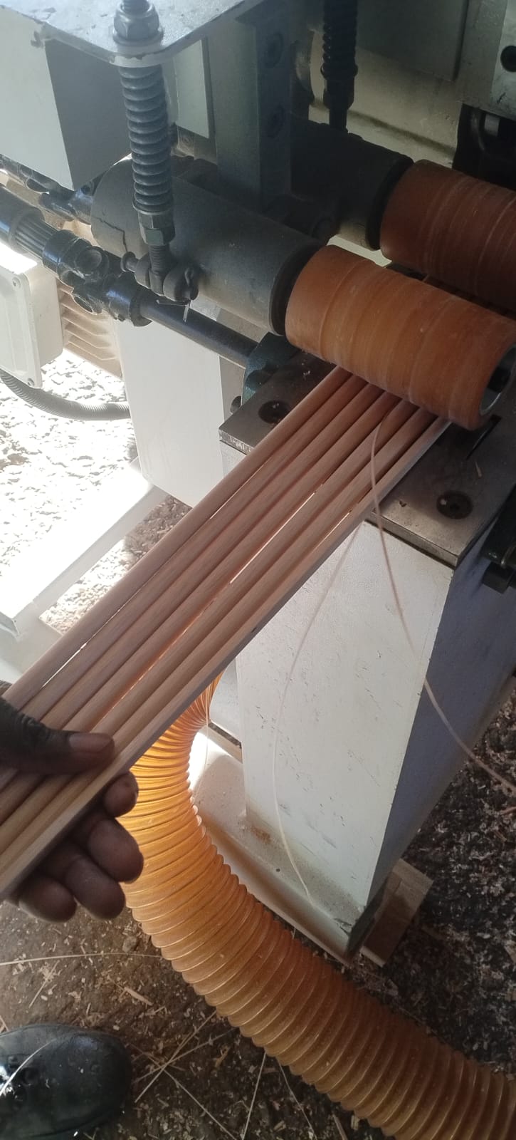 Freshly turned timber dowels